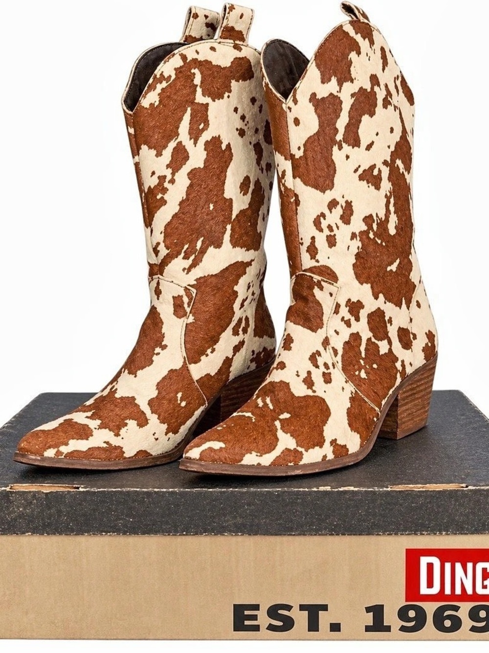 Dingo Live a Little Cow Print Heeled Western Boots Brown & Cream